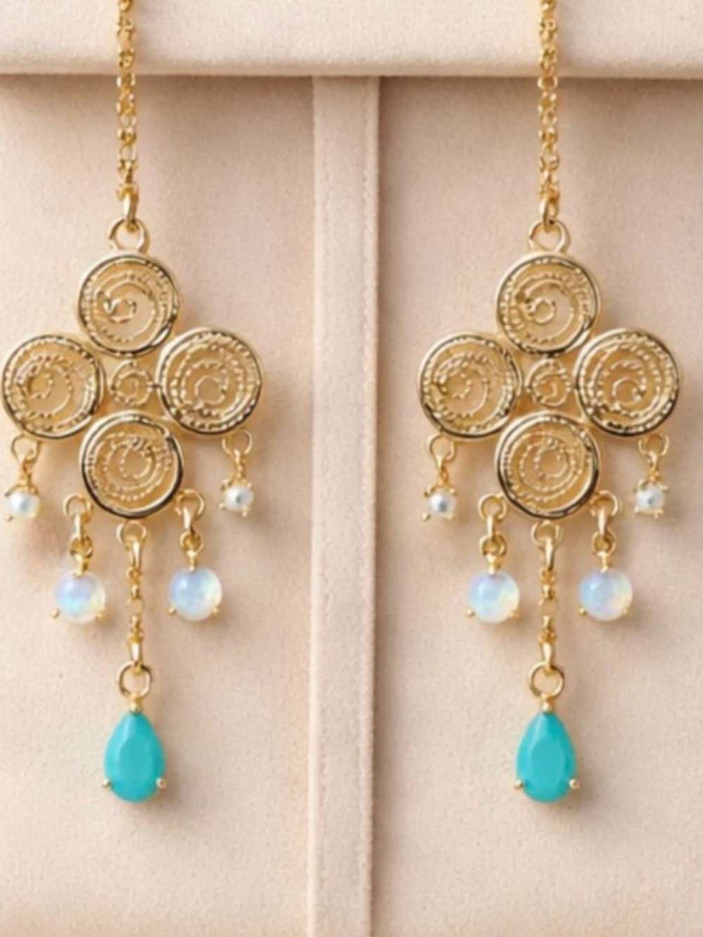 14k Gold Filigree Drop Earrings with Genuine Turquoise Teardrop and Opal Accent